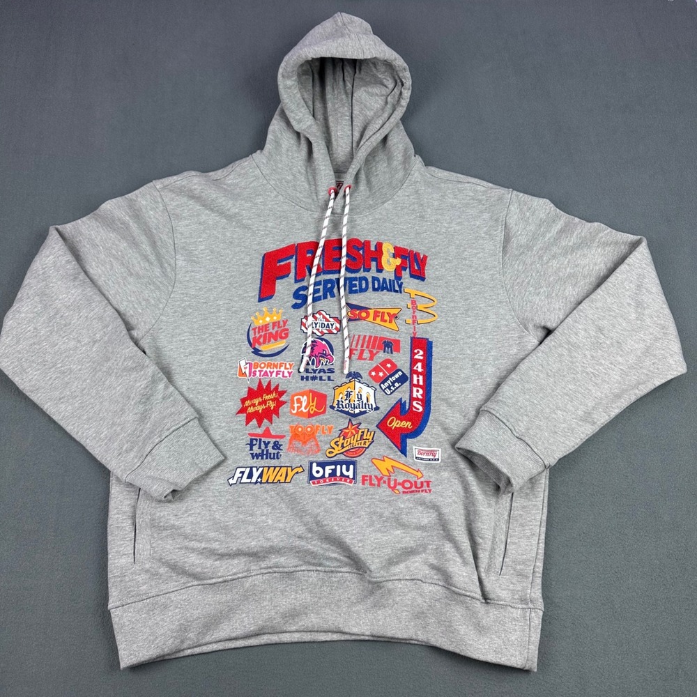 Born Fly Fresh & Fly Served Daily Graphic Hoodie Gray Mens Large Streetwear